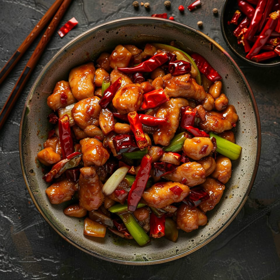 Kung Pao chicken with red chili peppers and green onions in a bowl, with chopsticks nearby.