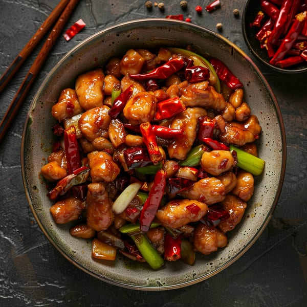 A bowl of spicy Kung Pao chicken with red chilies and green onions, chopsticks nearby.
